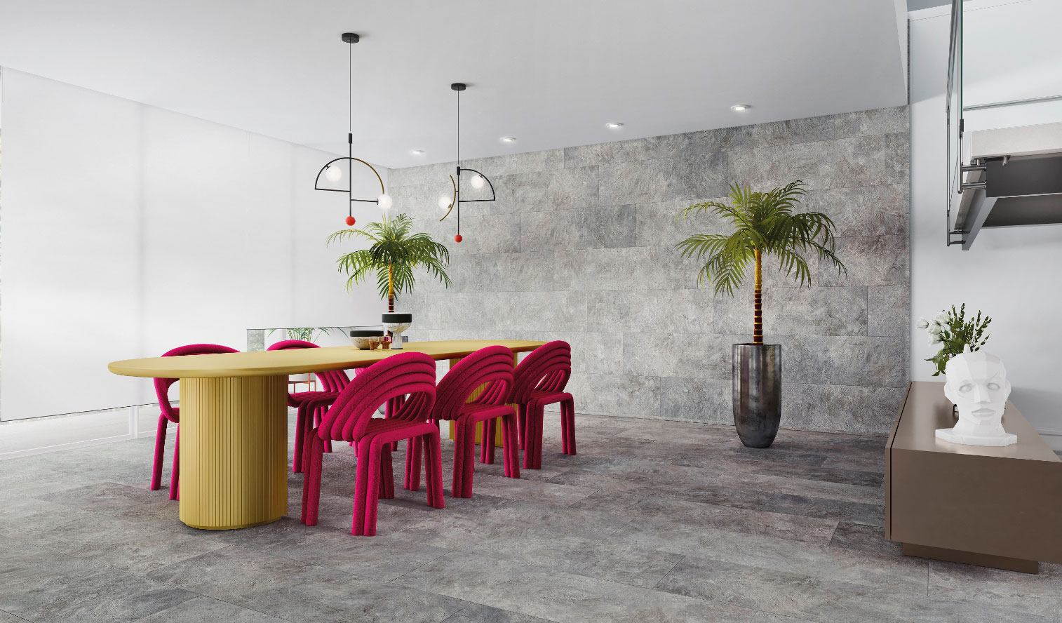 Salsa de jantar do Planeta Eucatex com piso laminado Gran Elegance Stone, com instalação na parede por meio do sistema Eucafix