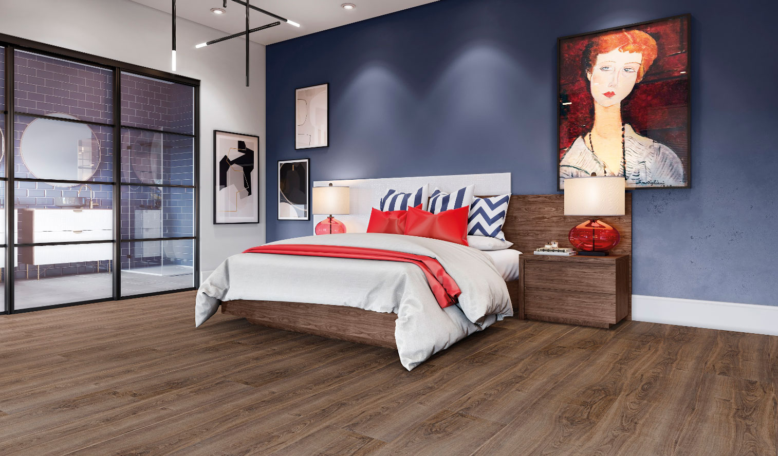 O portfólio conta com madeiras de diversas tonalidades para todos os tipos de projetos, no dormitório foi utilizado o New Elegance Classic Oak
