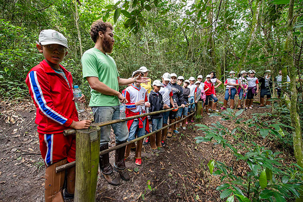 Monitores auxiliam as crianças na compreensão sobre a formação da floresta. Em sala de aula, os professores também auxiliam com informações sobe a preservação do meio ambiente.